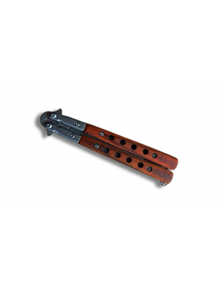 Navaja mariposa calada de 9cm de hoja en acero gris mate y madera + clip para cinturón