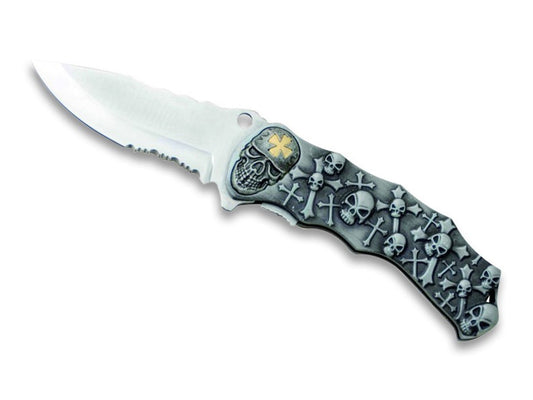 Navaja plegable con calavera y cruz, hoja de 9cm